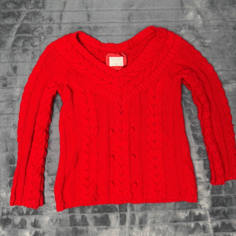 Old Navy Red Cable Knit V-Neck Sweater Cotton Lambswool Blend Womens Large